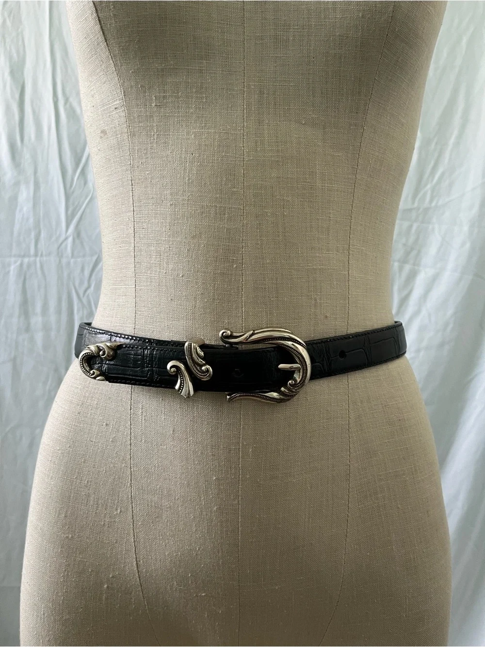 BRIGHTON Western Style Black Embossed Leather Belt Silver Tone Buckle Size Small